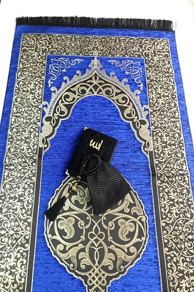 Kardelen Saks Blue Ottoman Pattern Velvet Prayer Rug - for Groom Bundle, Chenille Taffeta, Pearl Prayer Beads and Yasin