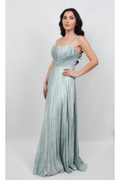 ALİS DRESS Kadın Su Yeşili Ip Askılı Pilise Etekli Simli Abiye