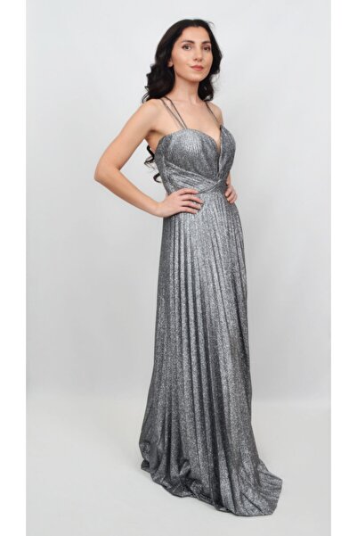 ALİS DRESS Kadın Gümüş Ip Askılı Pilise Etekli Simli Abiye