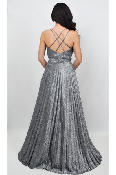 ALİS DRESS Kadın Gümüş Ip Askılı Pilise Etekli Simli Abiye