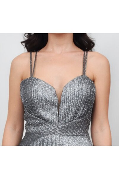 ALİS DRESS Kadın Gümüş Ip Askılı Pilise Etekli Simli Abiye