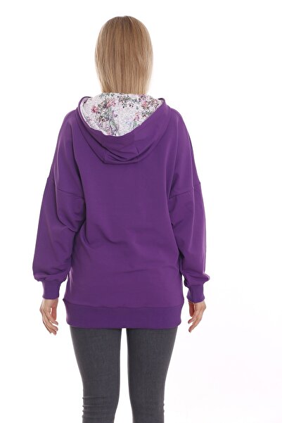 DISENTIS MODEST Φούτερ με κουκούλα με λουλούδια μοτίβο μακρυμάνικο oversize μωβ φούτερ με τσέπη καγκουρό