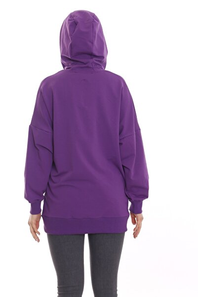 DISENTIS MODEST Φούτερ με κουκούλα με λουλούδια μοτίβο μακρυμάνικο oversize μωβ φούτερ με τσέπη καγκουρό