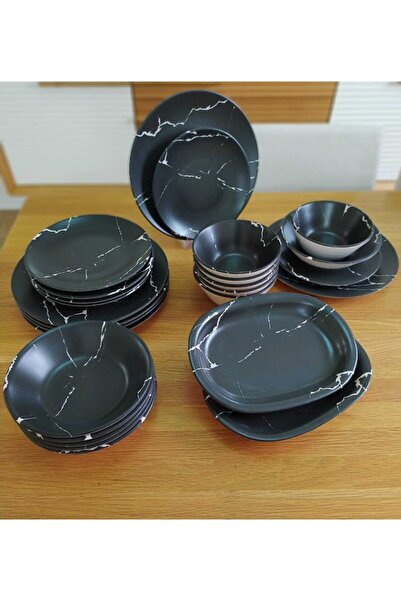 Keramika 26 Parça 6 Kişilik Yemek Takımı Mermer Desen Siyah