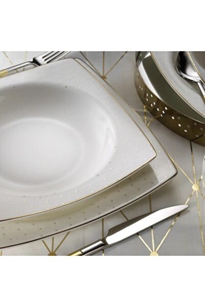 Kütahya Porselen Porselen Bone Mare 12 Kişilik 62 Parça Kare Altın Yemek Takı...