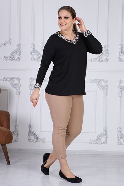Gül Moda Γυναικεία μπλούζα με γιακά λεοπάρ Λεοπάρ Λεπτομερής μακρυμάνικη μπλούζα G051-2l