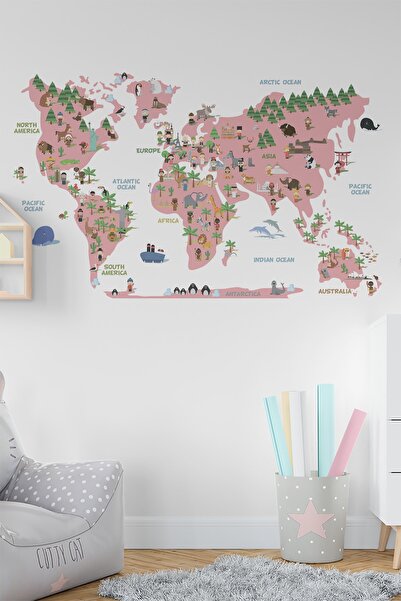 TUGİBU World Map Wall Sticker Set Kids And Baby Room Pink