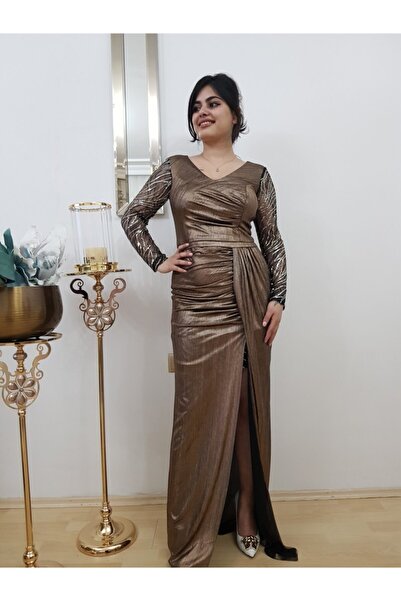 FERGAN Kadın Gold Kahverengi Kruvaze Yaka Yırtmaçlı Tasarım Abiye Elbise