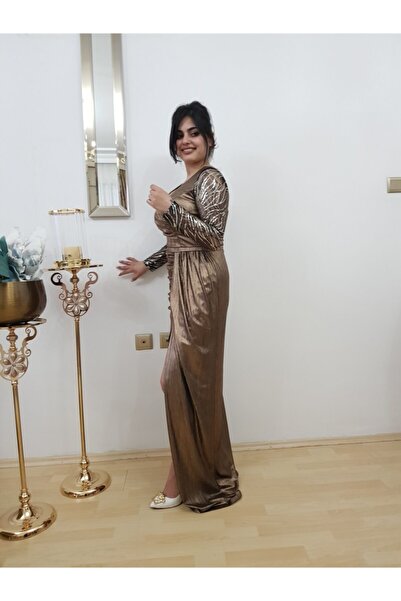 FERGAN Kadın Gold Kahverengi Kruvaze Yaka Yırtmaçlı Tasarım Abiye Elbise