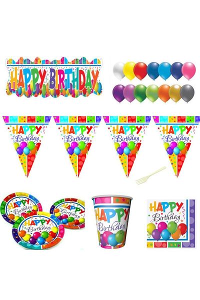 Hayaller Dükkanı Tableware Multicolor Happy Birthday - Adult Birthday Ornaments and Party Set for 8