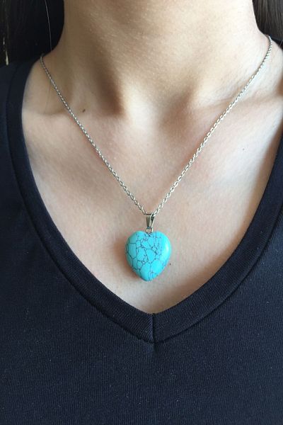 axexuar Turquoise Stone Natural Stone Heart Motif Pendant 316l Steel Necklace 50cm Zodiac Stone