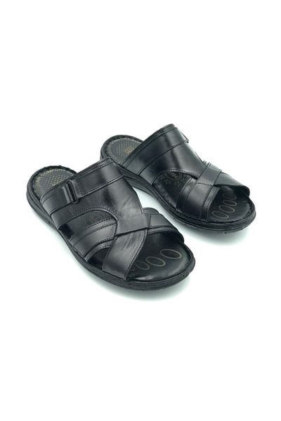 ERENİM Men's Black Genuine Leather Slippers