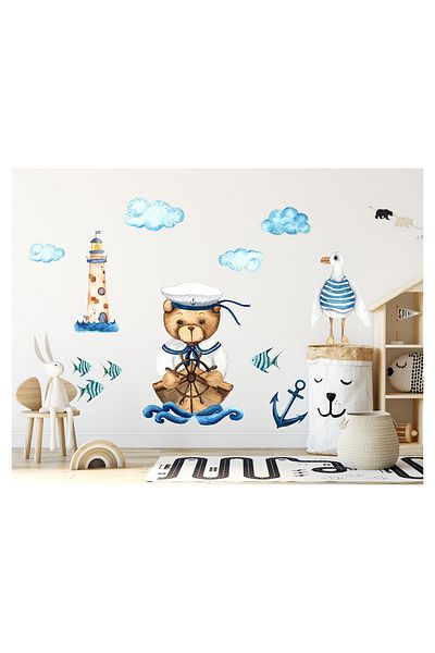 TUGİBU Σετ αυτοκόλλητων τοίχου Sailor με θέμα Captain Teddy Bear Διακόσμηση παιδικού δωματίου