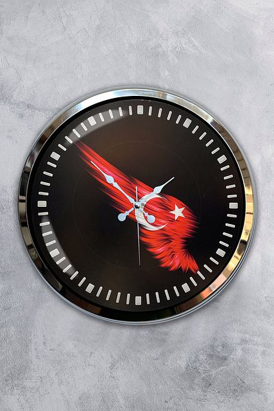 Kasva Concept Ceas de perete cu steag turcesc din metal cromat de 40 cm