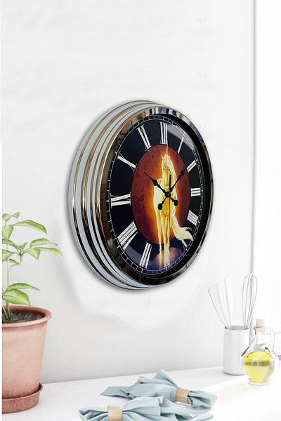 Kasva Concept Gift 40 cm Chrome Metal Horse Wall Clock