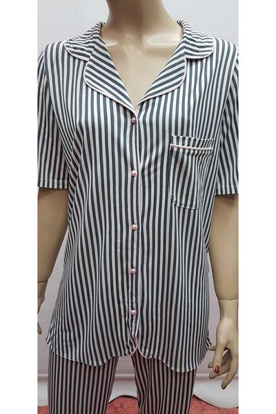Nena World Front Buttoned Collar Women's Pajamas Set Gray Striped