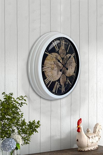 Platin Saat 40 cm White Metal World Map Wall Clock