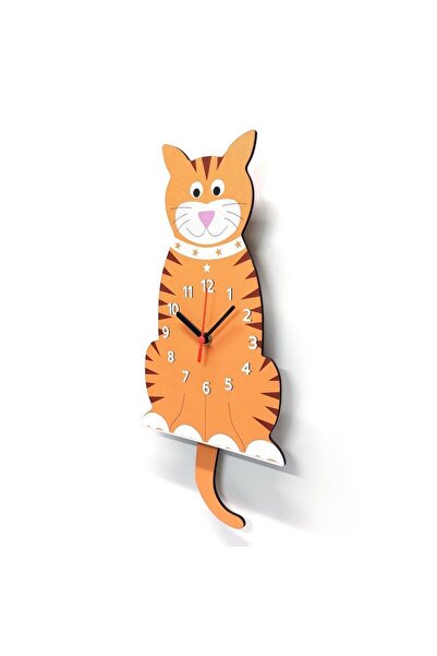 CajuArt Wooden Swinging Pendulum Tabby Cat Children's Room Wall Clock