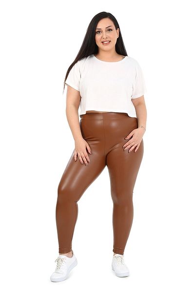 DISENTIS MODEST Καφέ δερμάτινο κολάν Plus Size με ελαστικό μήκος στη μέση και τον αστράγαλο
