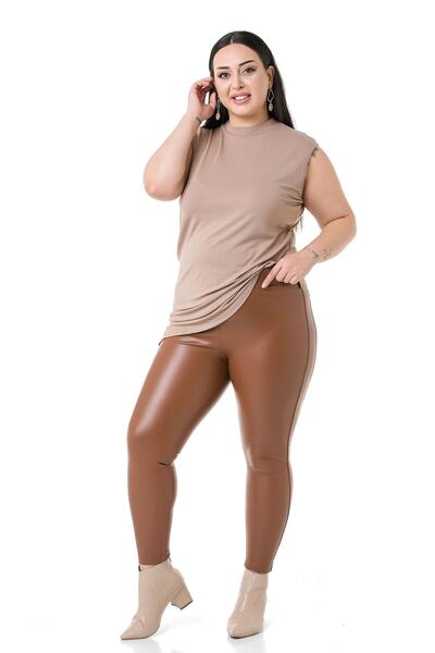 DISENTIS MODEST Plus Size Brown Leather Leggings with Elastic Waist and Ankle Length Panels