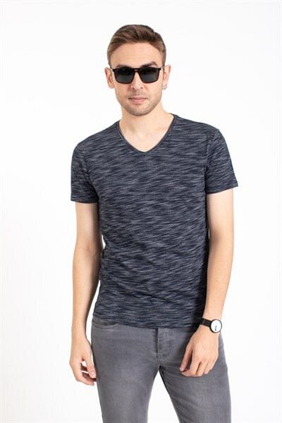 Villager&Son Vs V Neck Basic T-shirt με μανίκια Navy Blue/ριγέ