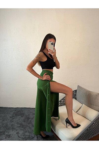 1Moda1Tarz Women's Green High Waist Elasticated Side Snap Wide Leg Tracksuit Bottom