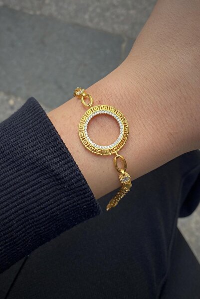 Erer Gümüş Gümüş Grek Model Pullu Çeyrek Altın Çerçevesi Bileklik