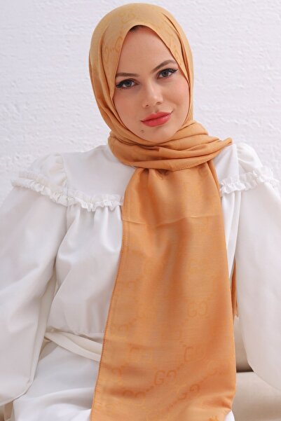 FRESCO SCARFS Kadın Tesettür Ipeksi Pamuk Jakar G Desen Şal*hardal