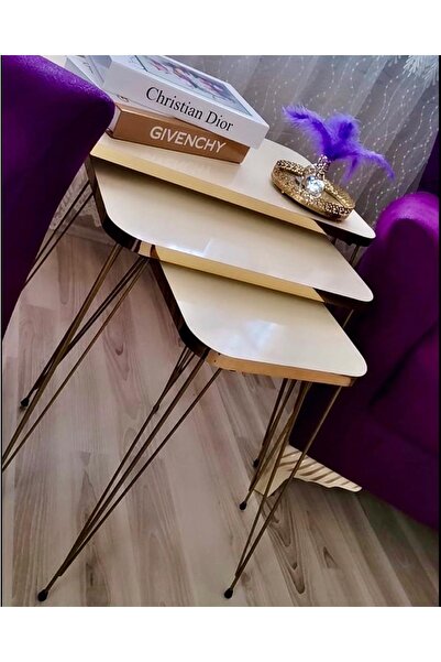 İZMİR ALİNDA MOBİLYA Krem Renk Dikdörtgen Model 3’lü Zigon Sehpa Takımı