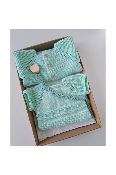 ponçik atölye Hand Knitted Baby Cardigan Jumpsuit and Pacifier Strap Gift Set