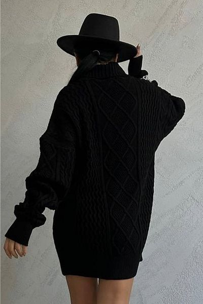 lovebox Women's Oversize Turtleneck Black Knitted Sweater 5243