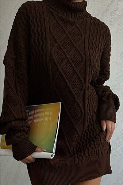 bayansepeti Γυναικείο πλεκτό πουλόβερ με ψηλό γιακά καφέ oversized 5243