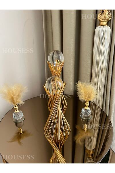 Housess 2'li Burgulu Gold Çapraz Ayaklı Küre Ve Dekoratif Gold Tüylü Tüylük