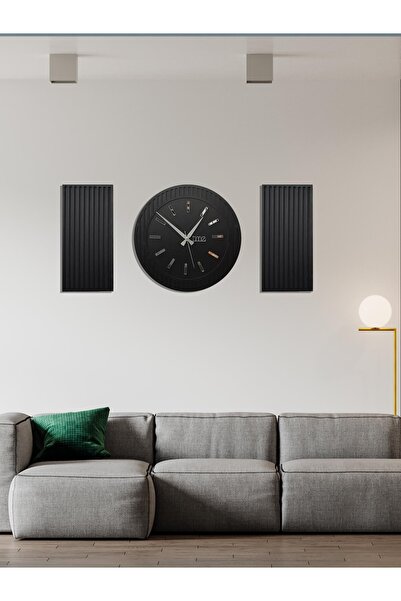 Wooden Factory Time Collection Rayon Black 3 Parça Daire Duvar Saat, (SİYAH)