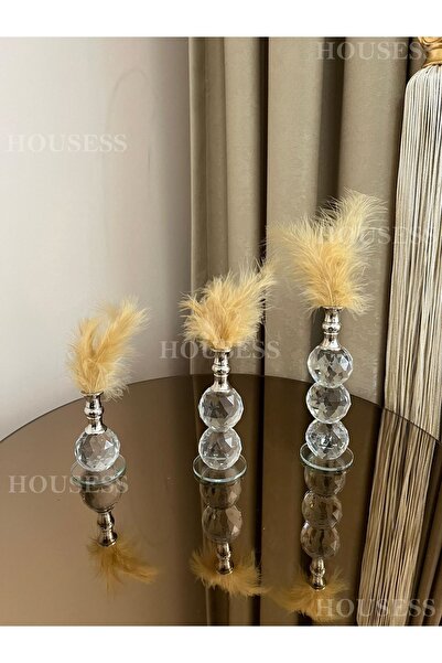 Housess 3'lü Gold Tüylü Gümüş Kristal Top Tüylük Dekor Biblo Süs