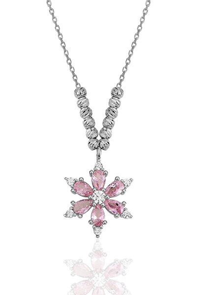 Bilsen Store 925 Ayar Gümüş Zincirli Dorika Toplu Pembe Taşlı Lotus Kamelya Çiçeği Kolye