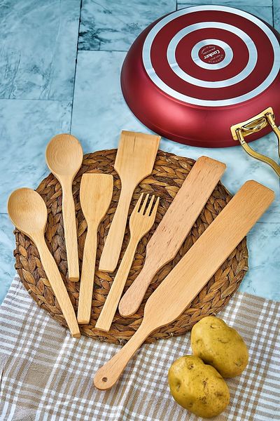 FBZhome 7-Piece Wooden Tablespoon Fork Spatula Spinner Set Wooden Spoon