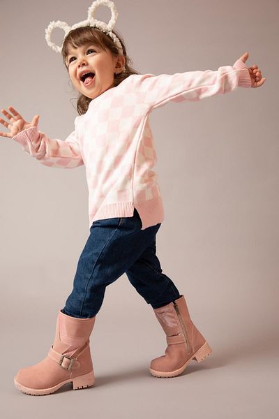 DeFacto Baby Girl Crew Neck Checked Cotton Sweater