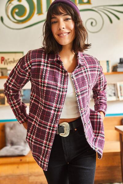 Olalook Women's Purple Pink Patterned Plaid Chanel Shirt GML-19001055