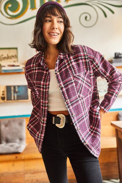 Olalook Women's Purple Pink Patterned Plaid Chanel Shirt GML-19001055