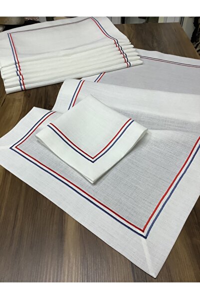 OYA home Kırmızı&mavi Çift Pikolu Amerikan Servis(6)& Peçete(6)& Runner (1) S...