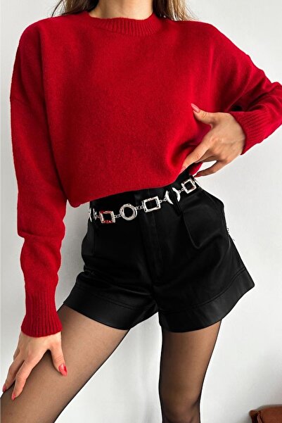 FEMELLE Women's Red Standard Size Oversize Basic Knitwear Sweater