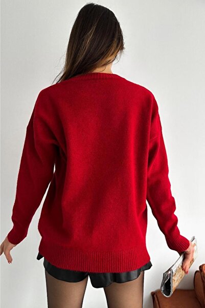FEMELLE Women's Red Standard Size Oversize Basic Knitwear Sweater