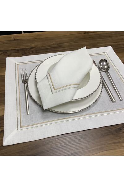 OYA home مجموعة مناديل فضية لامعة وبيج مزدوجة بيكو أمريكية (8) ومنديل (8) - 1...