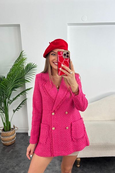 Laluvia Fuchsiafarbene Tweedjacke aus Viskosestoff mit goldenen Knöpfen