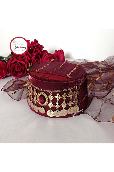 Gelincimherşey Bordo Tüllü Paralı Yöresel Kültürel Şapka Fes