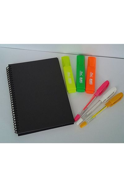 ÇİLEKHOMEAVM Caiet de 50 de pagini cu inele negre - 3 pixuri cu gel colorate - 3 pixuri de marcare pentru evidențiere