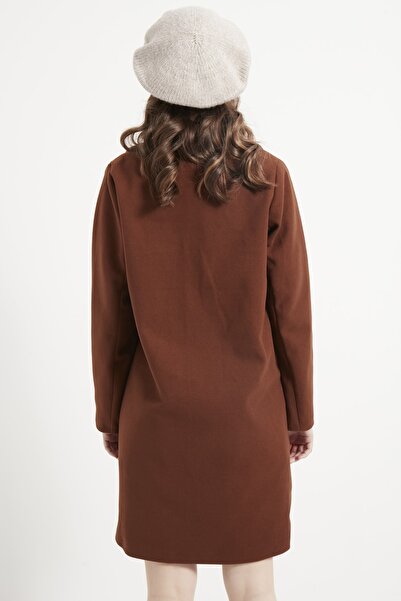 MEECY Γυναικείο παλτό σοκολάτας με γραμματόσημα