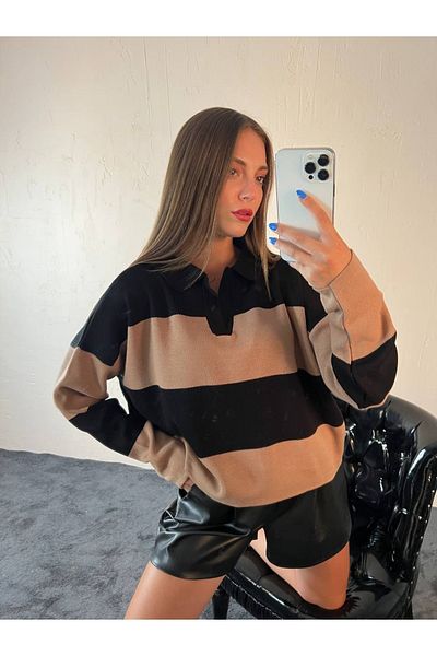 1Moda1Tarz Pulover de damă din nurcă neagră cu gât polo în dungi