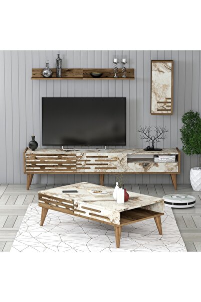 Variant Mobilya Valensiya Tv Ünitesi Ve Orta Sehpa Takımı - Ceviz / Beyaz Mermer